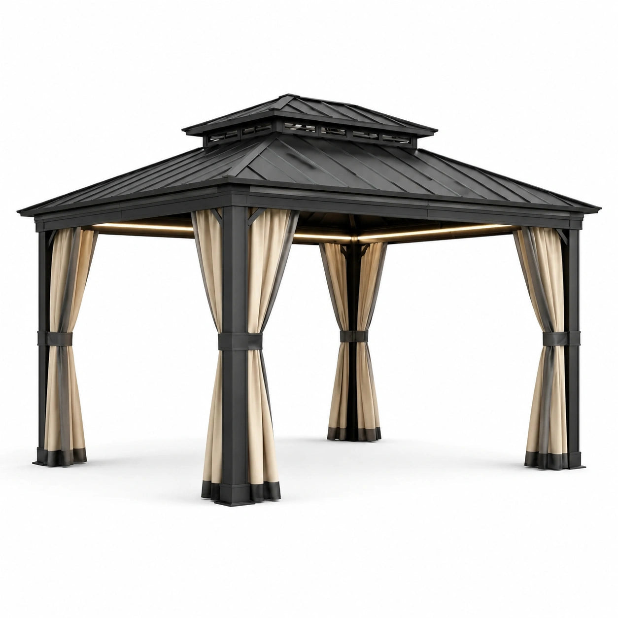 Gartenpavillon aus Aluminium mit Polyester-Vorhängen, Schwarz/Beige, 300x400 cm