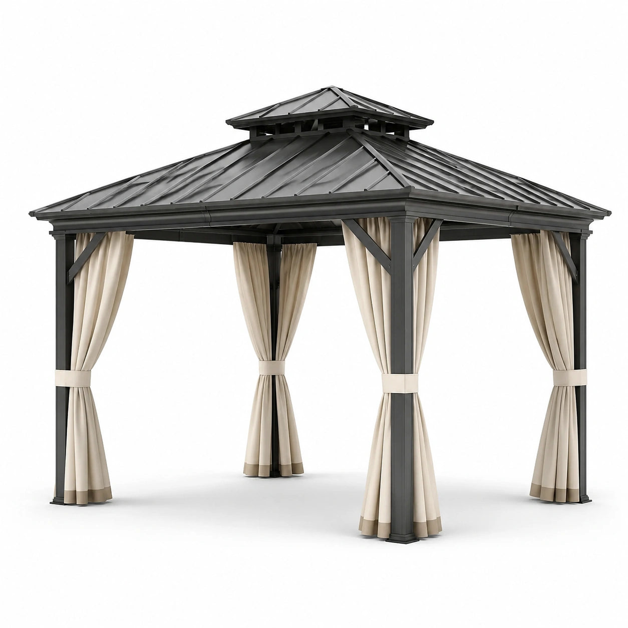 Aluminium Pavillon mit Polyester Vorhängen, Dunkelgrau/Beige