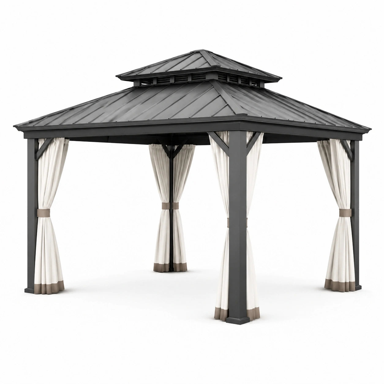 Gartenpavillon aus Aluminium mit Stahldach und Polyester Vorhängen 300x400 cm Schwarz/Creme