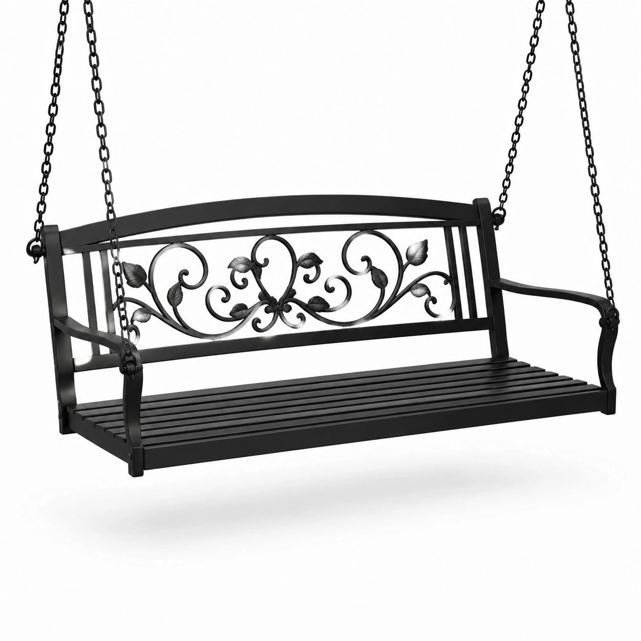 Schwarze Metallschaukelbank mit Ornamenten