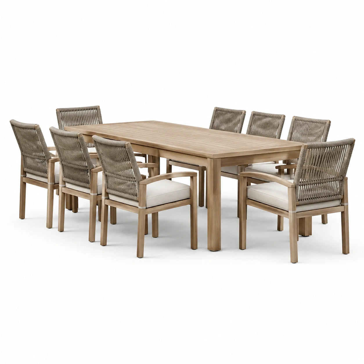 Teak Garten-Essgruppe mit Seilgeflecht und Kissen Beige, 9-teilig
