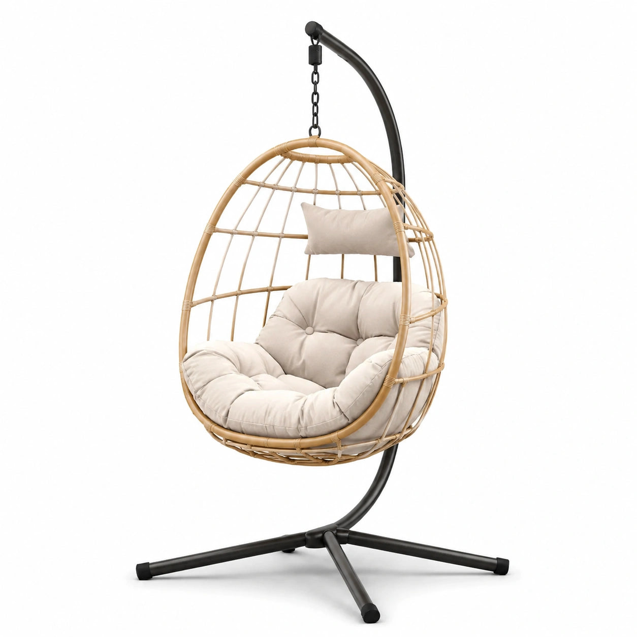 Hängesessel Rattan Metallrahmen Polyesterkissen Beige