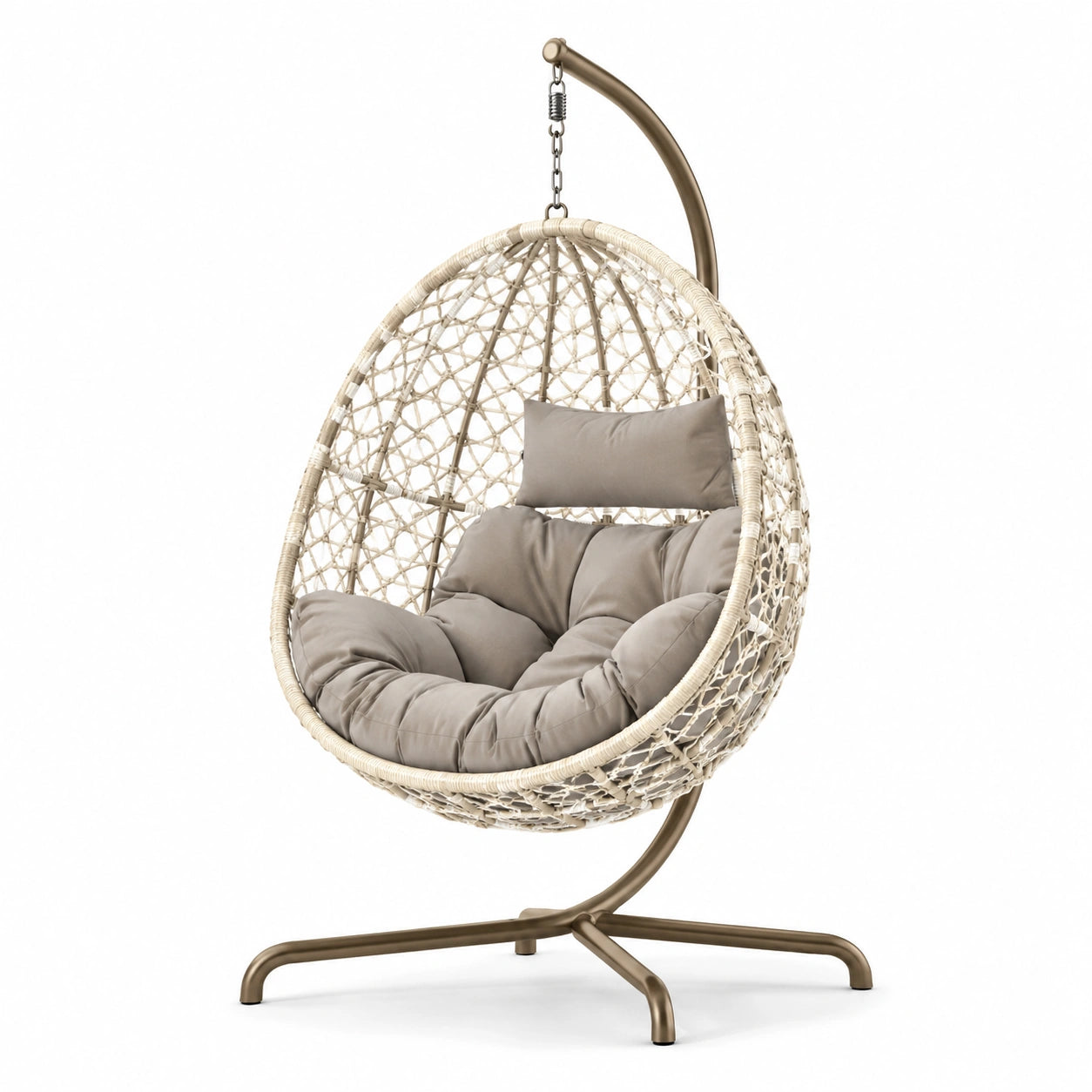 Hängesessel aus Stahl und Rattan mit Polyesterkissen, Beige