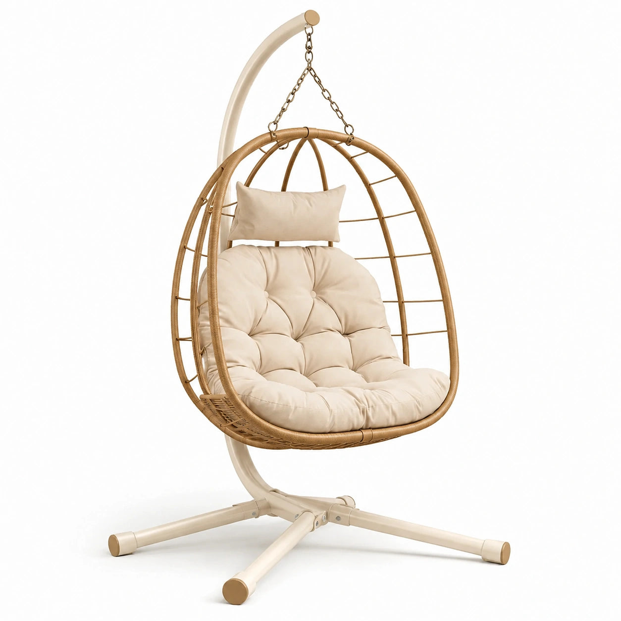 Rattan Hängesessel Beige mit Kissen, Stahlrahmen